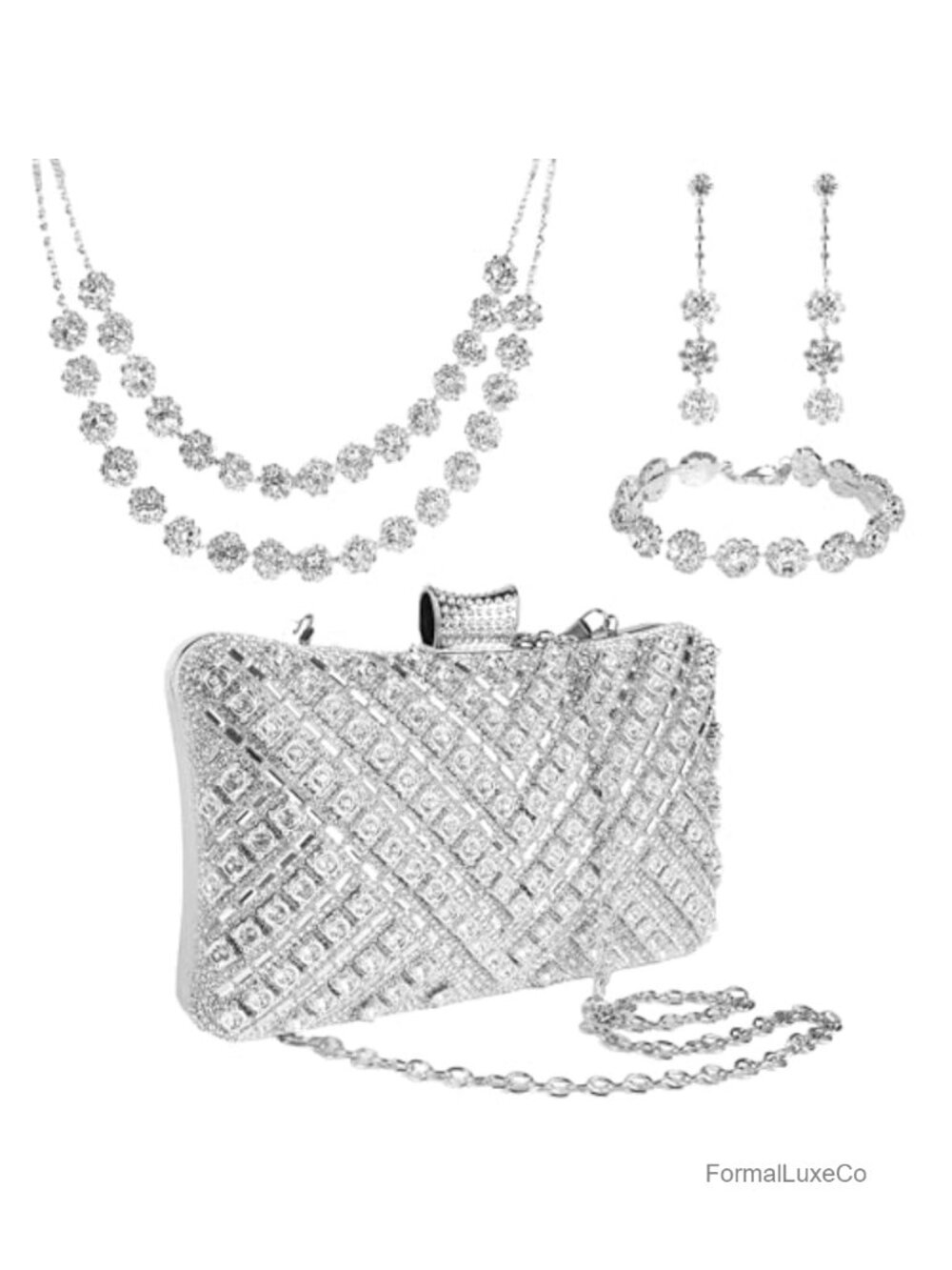 Rhinestone Jewelry Set with Clutch Purse, Evening Bag with Chain, Wedding Party